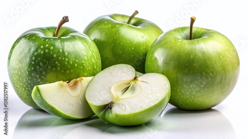 Fresh Green Apples: A close-up shot captures four crisp, vibrant green apples, with one sliced open to reveal its juicy interior. These perfect fruits evoke freshness and healthy eating.