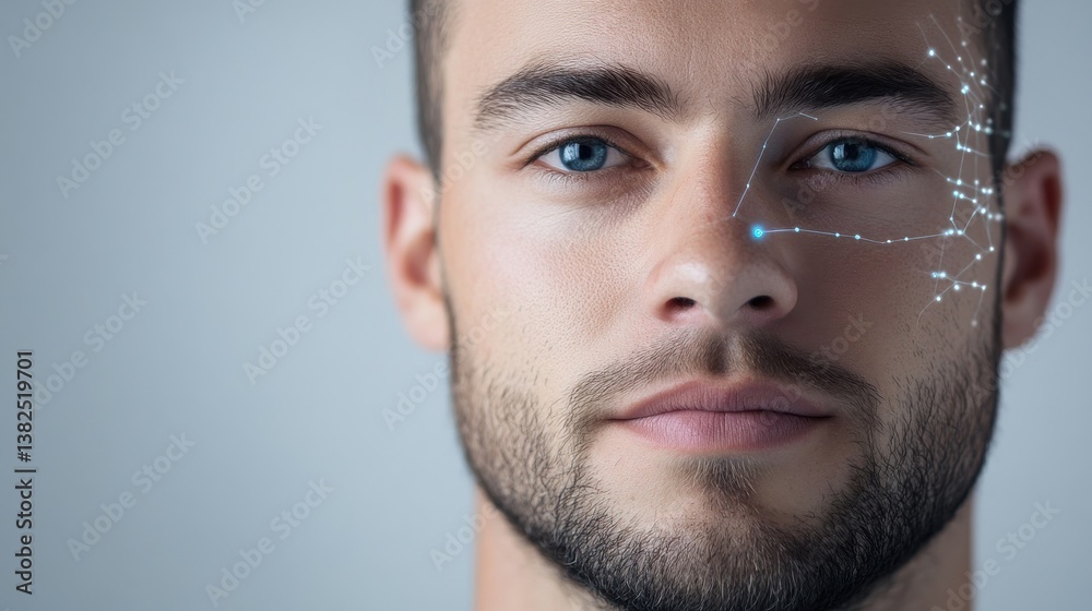 Obraz premium Portrait of Male with Futuristic Facial Technology and Data Points
