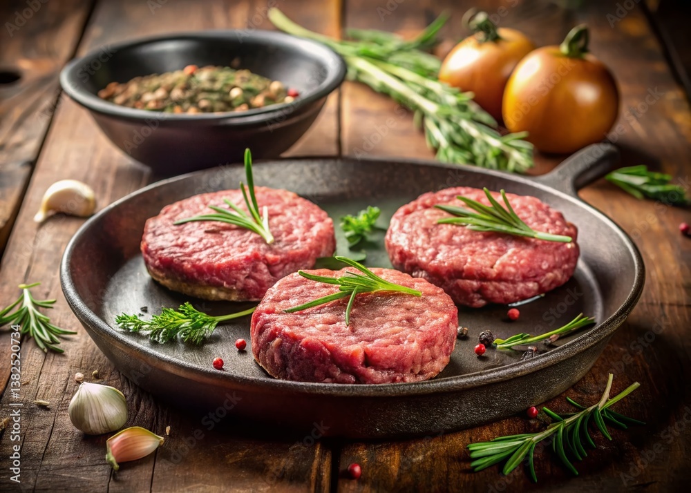 Savory Raw Patties: Three fresh, uncooked beef patties rest invitingly in a cast iron skillet, garnished with sprigs of rosemary, alongside various culinary ingredients. Savory Raw Patties: Three fresh, uncooked beef patties rest invitingly in a cast iron skillet, garnished with sprigs of rosemary, alongside various culinary ingredients.