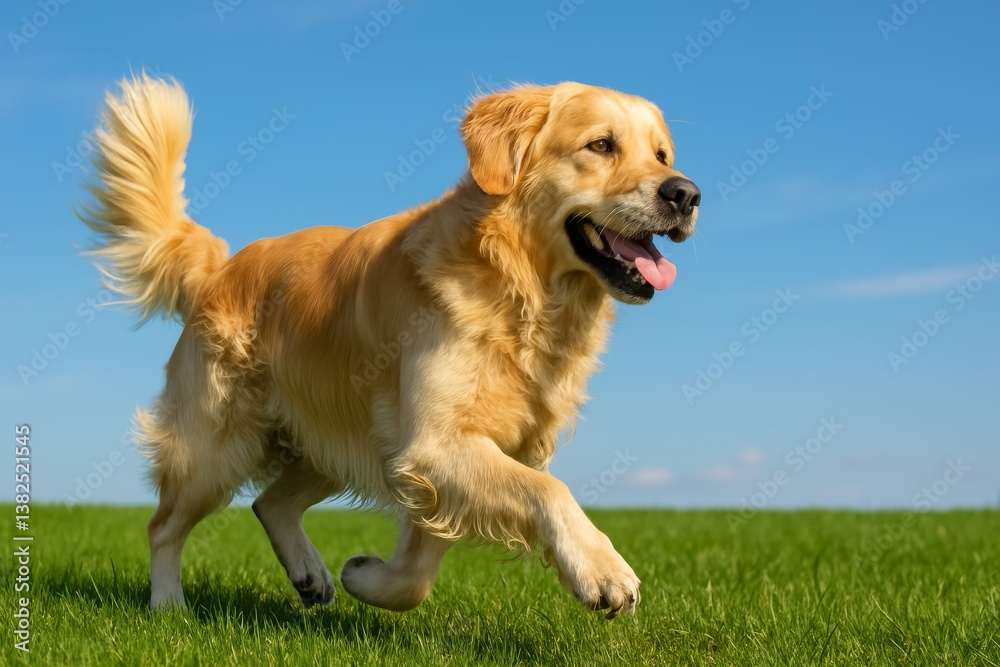 A happy golden retriever dog running joyfully on green grass under a clear blue sky. Concept of outdoor play and companionship. A happy golden retriever dog running joyfully on green grass under a clear blue sky. Concept of outdoor play and companionship.
