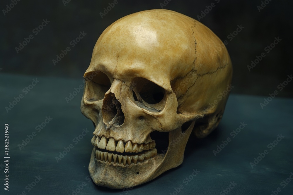 Naklejka premium A lifelike skull avatar is displayed against a dark background, emphasizing intricate details and textures. This stunning representation can be used for artistic inspiration or educational study