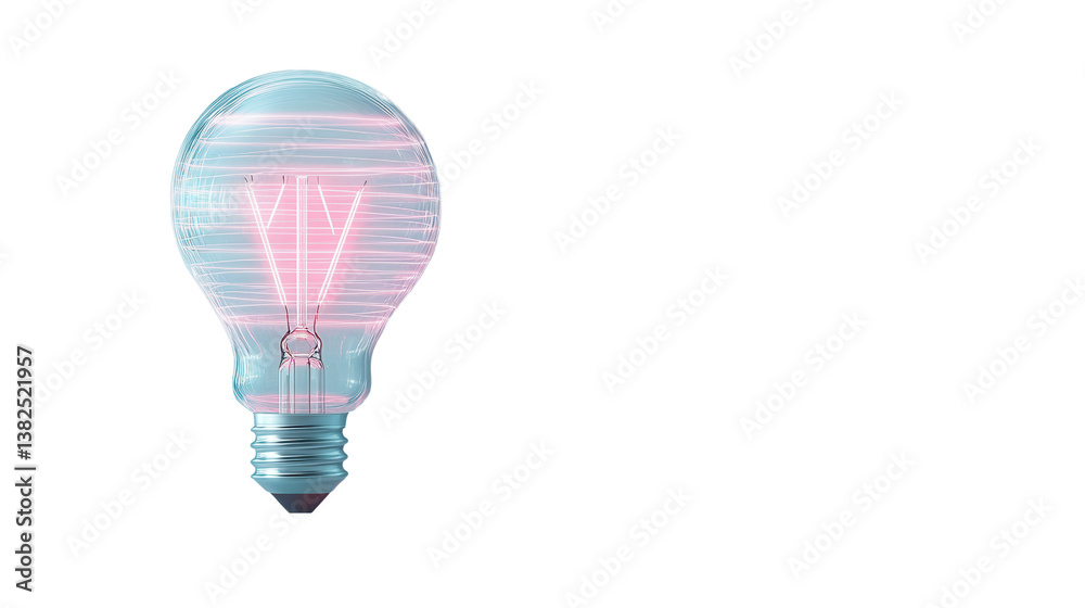 Fototapeta premium Vibrant neon light bulb illuminated with a modern abstract geometric design in shades of pink and blue against a plain white background