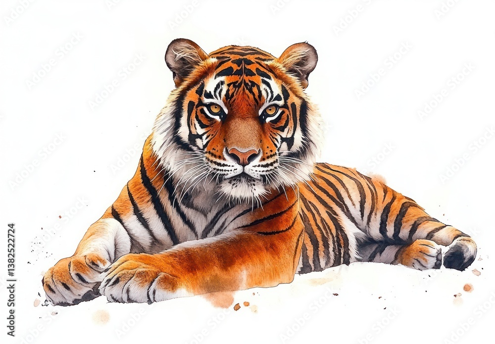 Obraz premium Majestic Tiger Watercolor Illustration Resting on White Background