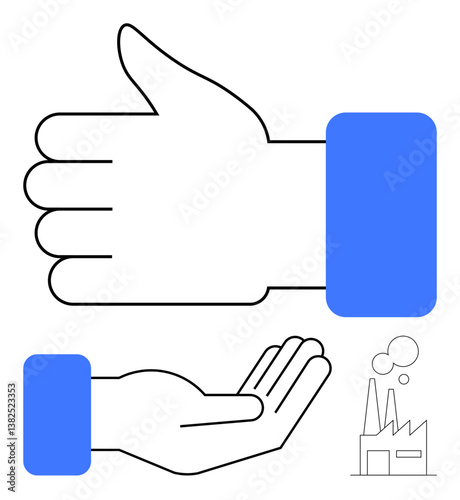 Thumbs-up gesture symbolizing positivity and acceptance, open hand gesture representing support or request, factory icon suggesting industry or production. Ideal for teamwork, support, approval