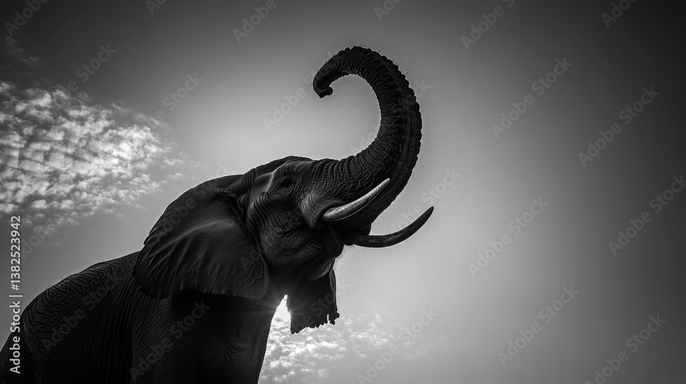 Majestic Elephant Silhouette Against a Dramatic Sky at Sunset Majestic Elephant Silhouette Against a Dramatic Sky at Sunset