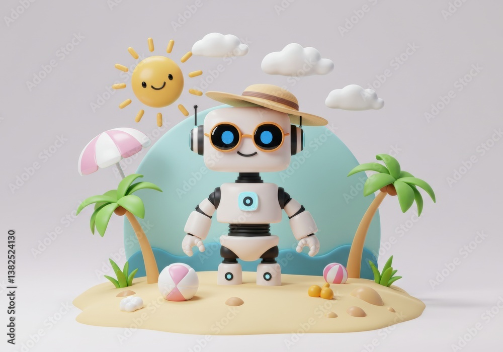 Cute robot vacationing on a tropical beach with palm trees and a sun hat