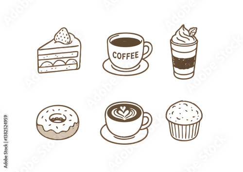 カフェ・コーヒー・ケーキ・ドーナツ・マフィンのイラストセット