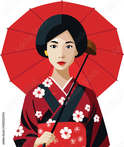 Japanese woman wearing kimono and holding red umbrella