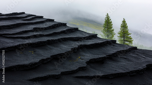 Extinct Volcano Heritage Theme, Weathered volcanic slope with misty landscape and green trees photo