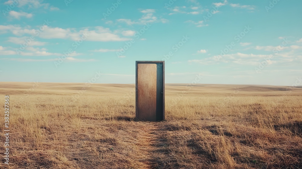 Empty Door in a Vast Field Under a Clear Sky Empty Door in a Vast Field Under a Clear Sky