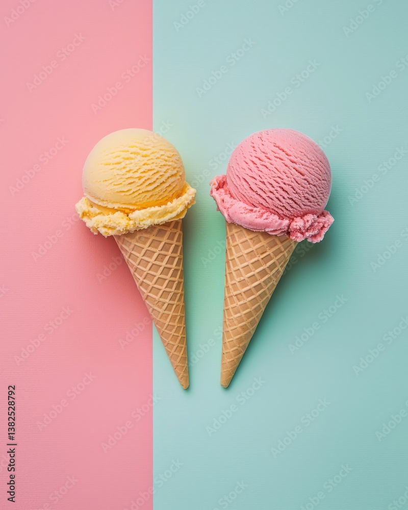 Two ice cream cones with yellow and pink scoops placed on pastel split background of pink and mint green, styled for modern minimal aesthetics. AI generative. Two ice cream cones with yellow and pink scoops placed on pastel split background of pink and mint green, styled for modern minimal aesthetics. AI generative.