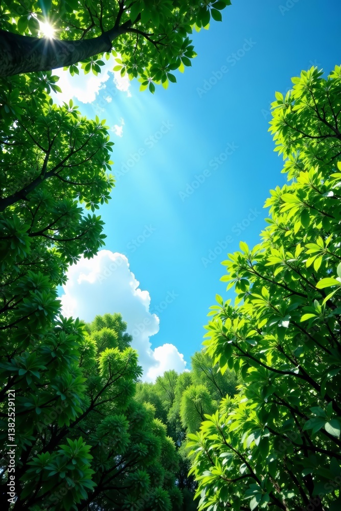 Obraz premium Blue sky over lush green forest canopy with clear copy space, relaxation, beauty