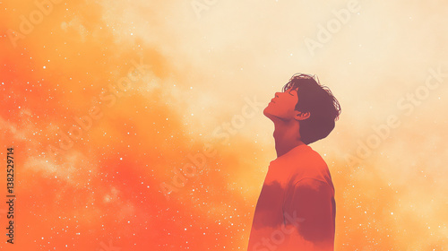 A silhouette of a person looking upwards against a vibrant cosmic background.