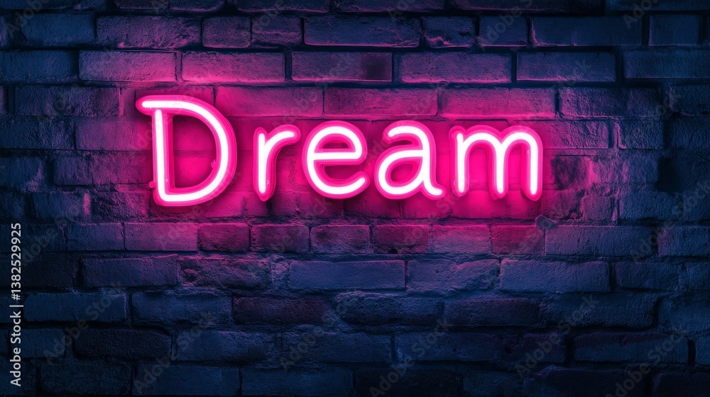 Obraz premium Neon Dream Sign on Dark Brick Wall