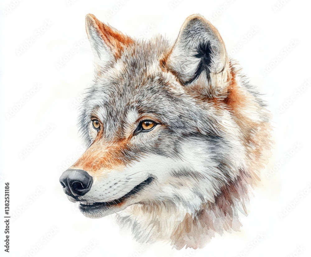 Fototapeta premium Detailed Watercolor Wolf Head Painting Naturalistic Style Isolated on White Background