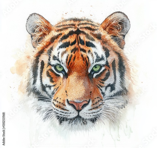 Detailed Watercolor Tiger Face Illustration on White Background