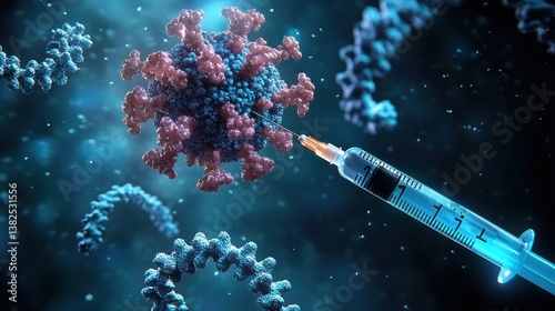 Vaccine Development with mRNA Technology and Syringe Injection into Virus Particle in Blue Background Science Illustration