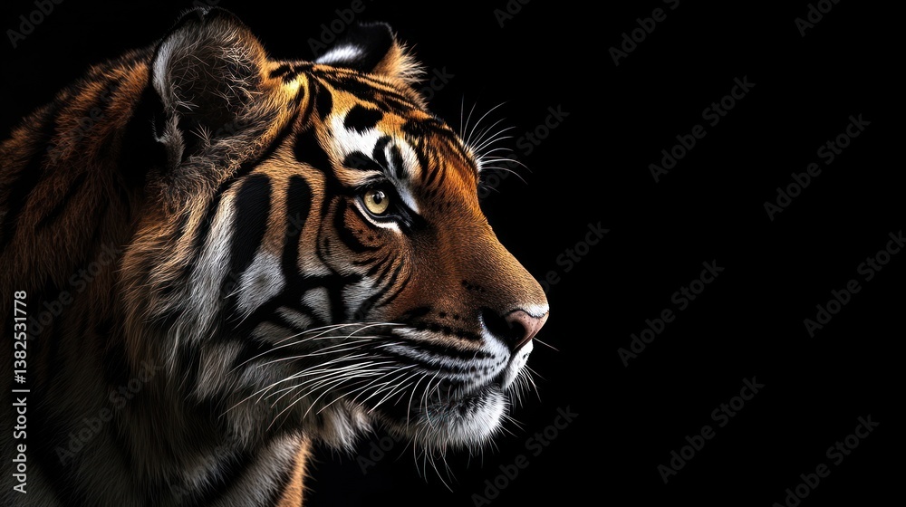 Naklejka premium Tiger Profile Against Black Background, Wildlife, Portrait, Studio Shot. Use Stock photo, education