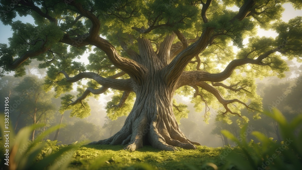 Fototapeta premium Majestic ancient oak tree with detailed bark and expansive branches, illuminated by sunlight.