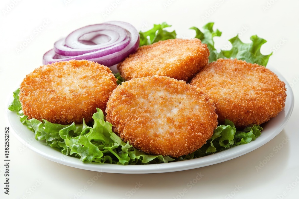 Crispy, golden-brown patties on lettuce, with sliced red onion