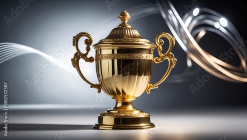 Low key of golden trophies against a blurred background with abstract shimmering lights.
