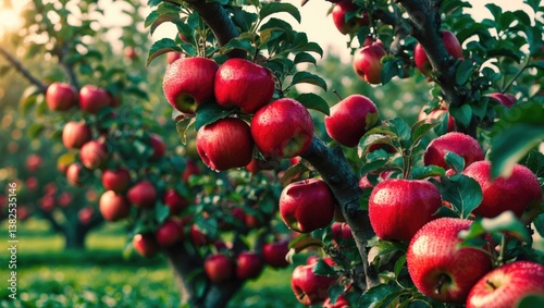 Abundant ripe red apples on a standard apple tree within an apple orchard.