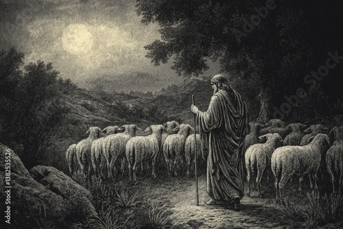 Lord Is My Shepherd Engraving. Christian Background with David from Bible