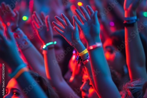 Festival crowd enthusiastically dancing with illuminated wristbands and hands in the air enjoying the music
