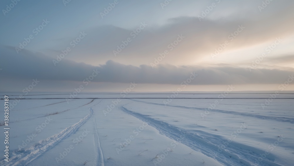 Panoramic view of the snow-blanketed field following a blizzard at sunset. Human footprints in fresh snow. Icy desert. Dramatic cloud formations. Panoramic view of the snow-blanketed field following a blizzard at sunset. Human footprints in fresh snow. Icy desert. Dramatic cloud formations.