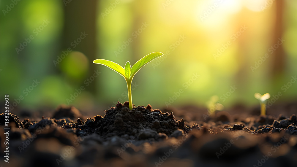 Fototapeta premium Young Sprout Reaching Towards Sunlight, Symbolizing Growth and New Beginnings. Ideal for Hope, Environmental, and Inspirational Themes, Evoking Potential and Natural Renewal.