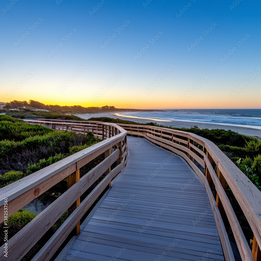 Fototapeta premium Wooden boardwalk path leading to ocean beach at sunset, clear blue sky, tranquil coastal scene.