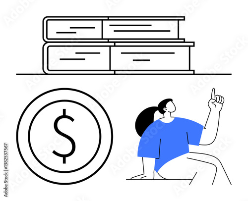 Stacked books, dollar sign, and person pointing upward highlighting learning, value, and progress. Ideal for finance, education, investment, planning inspiration self-improvement flat simple
