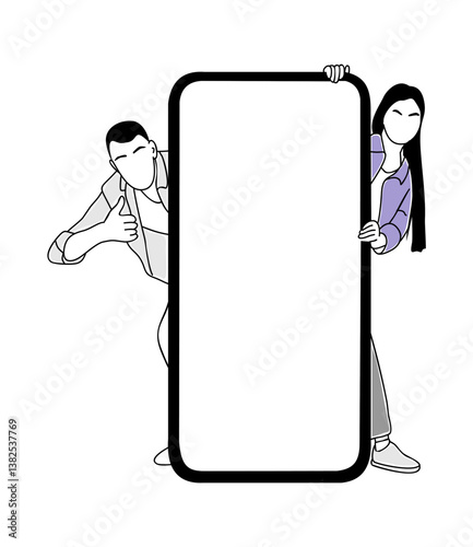 Young couple with big phone, showing blank screen. Advertising, marketing business concept. Vector simple outline drawing for graphic, web design Isolated on white background.	