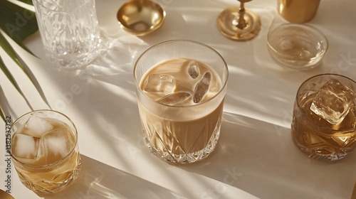 Iced drinks in crystal glasses, gold accents, palm frond, sunlit surface
