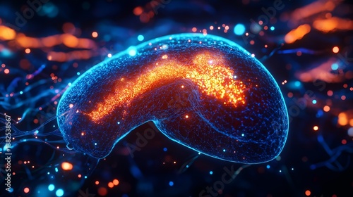 High-detail visualization of metabolic process inside human liver, glowing ketone body synthesis pathways, futuristic biochemical diagram on dark background, science-themed digital rendering