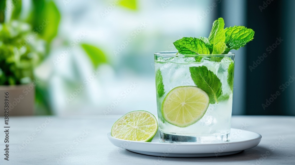Fototapeta premium tropical cocktail presentation, a mojito with lime wedges and mint served on a white plate on a modern kitchen counter, with an open window in the background