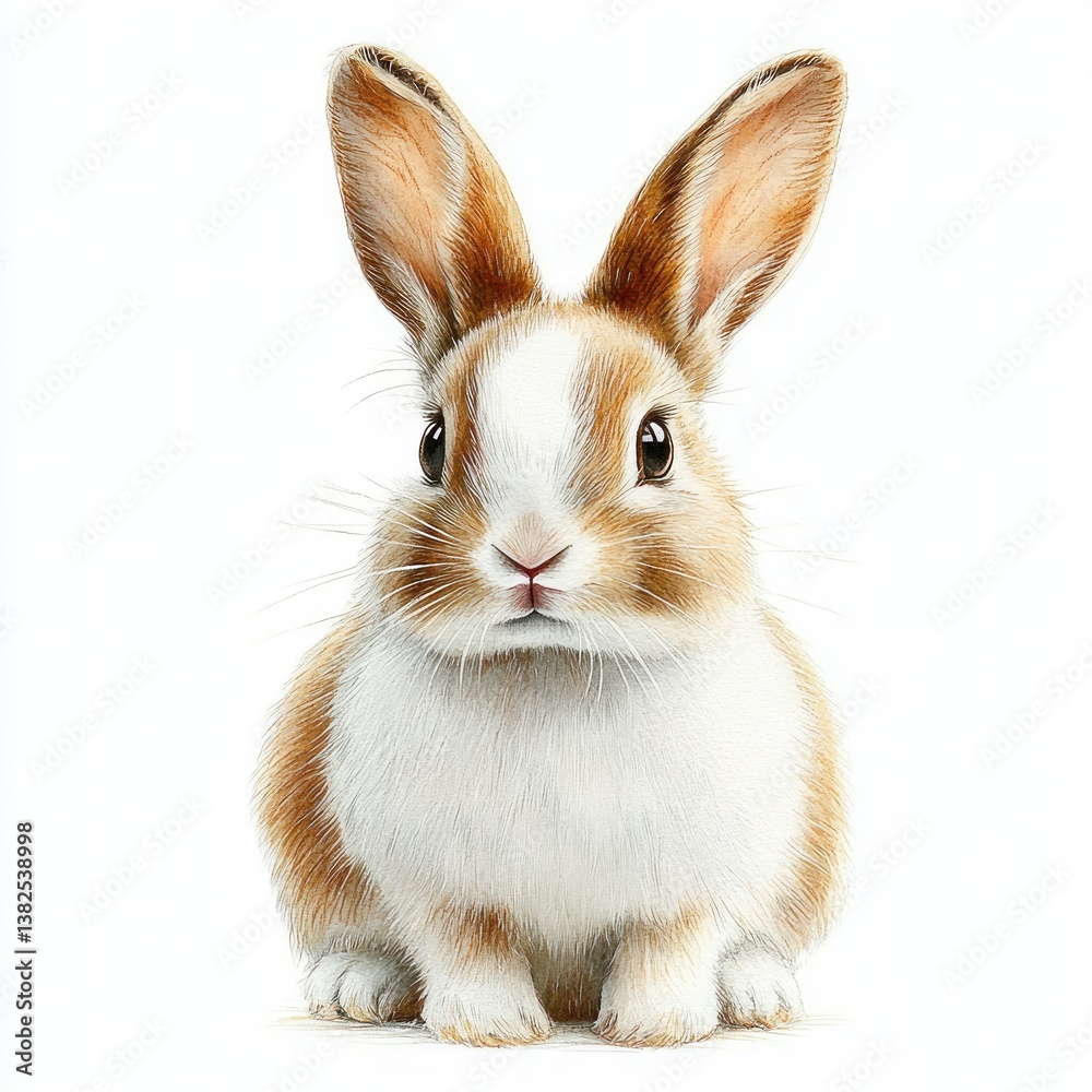 Obraz premium Cute Brown and White Rabbit Watercolor Painting Illustration of Adorable Bunny Sitting on White Background