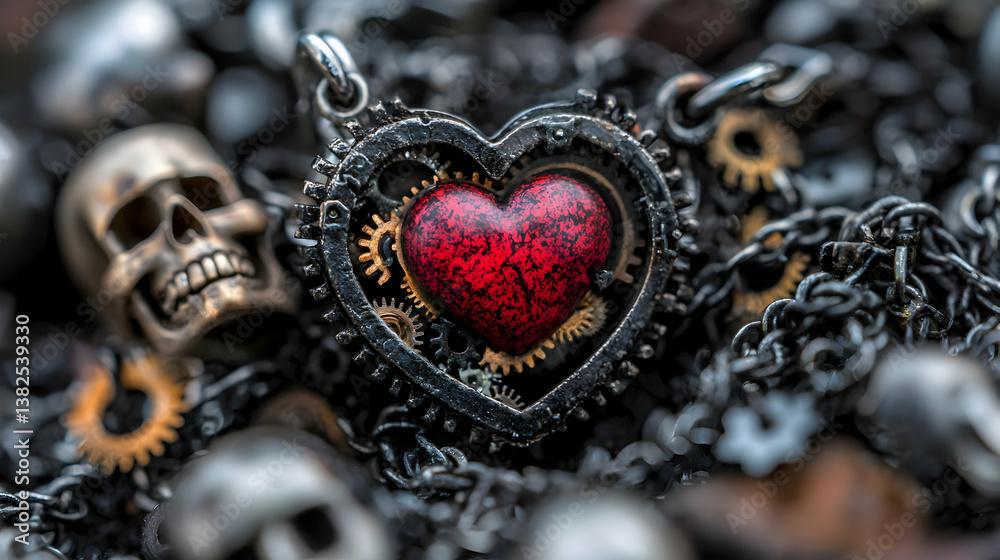 Red Heart Mechanical Pendant Amidst Skulls and Gears Red Heart Mechanical Pendant Amidst Skulls and Gears