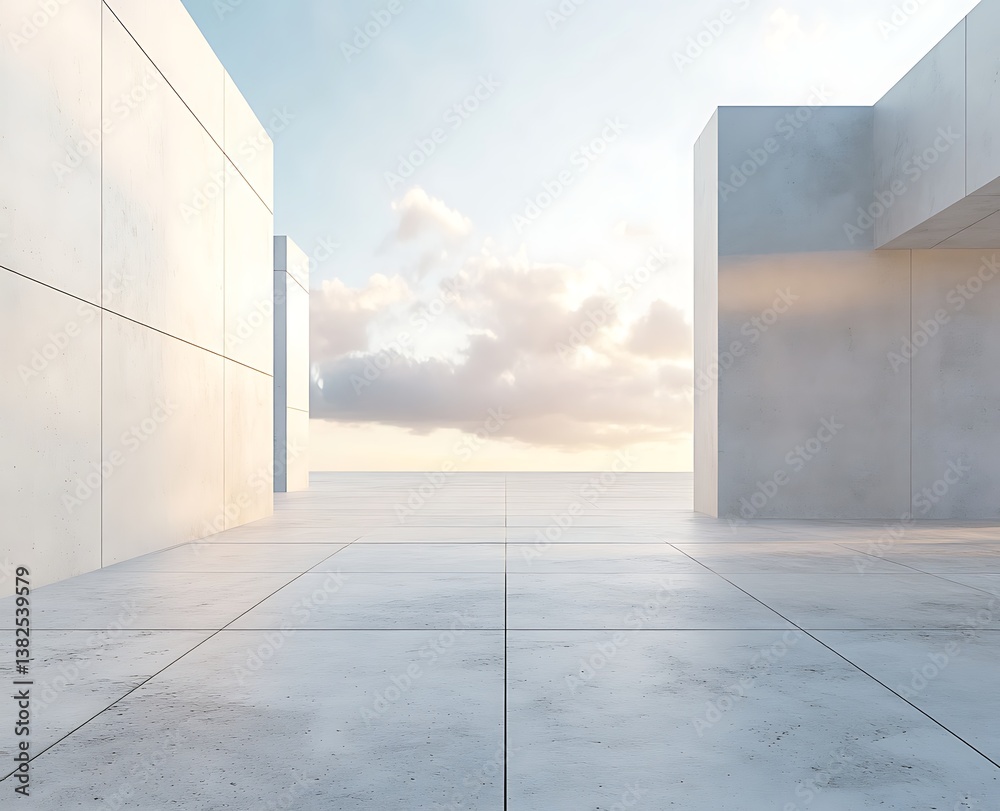 Obraz premium 3D rendering of an empty concrete floor with white walls and a sky background
