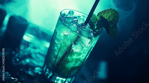 Icy beverage with mint and a straw in a tall glass, moody lighting