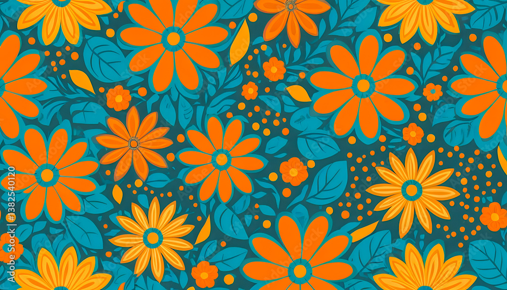 custom made wallpaper toronto digitalLively Orange and Yellow Flowers Surrounded by Teal Leaves on a Dense Dark Teal Floral Pattern