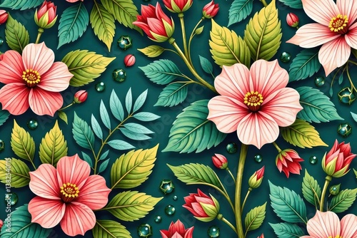 Intricate repeating botanical print, lush blooms and leaves , foliage, style