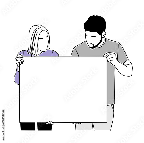 Business couple holding blank banner, business team with empty billboard in hands. Young man, woman with placard showing, presenting, demonstrating advertisement. Vector line art drawing isolated.