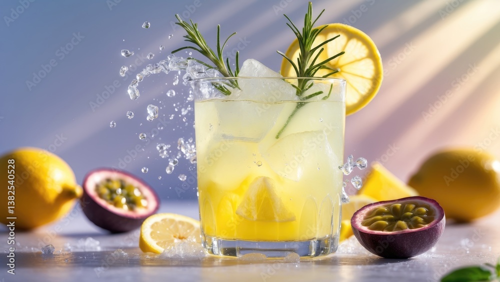 Fototapeta premium Passionfruit margarita cocktail, a drink splashing against a bright sunny backdrop, Tropical beverage for summer gathering.