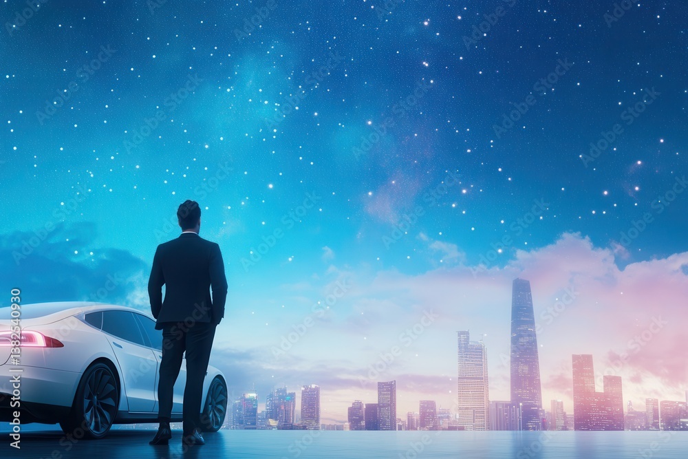 Fototapeta premium Man in Suit Observing City Skyline Under Starry Night Sky