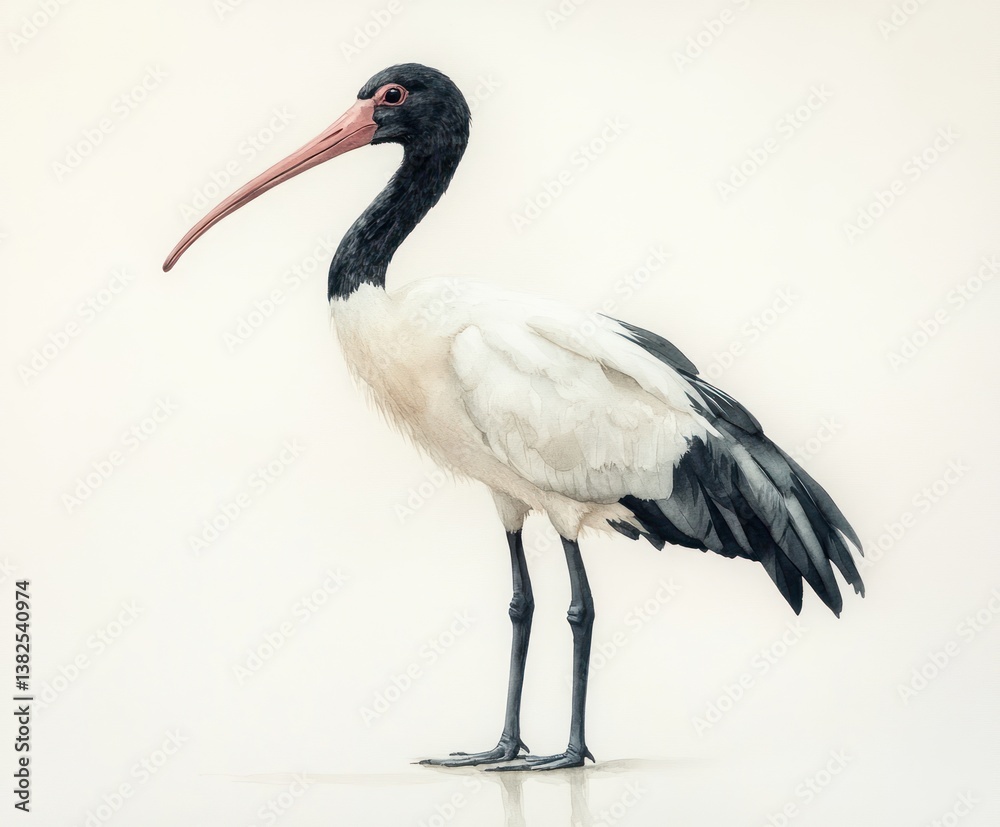 Fototapeta premium Elegant Black and White Ibis Bird Watercolor Painting Illustration Isolated on White Background