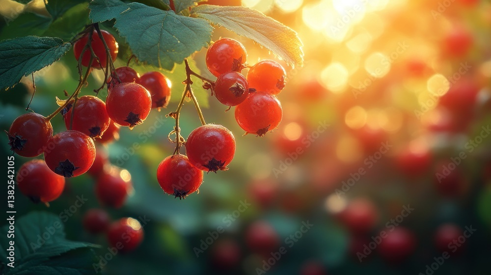 Fototapeta premium Sunset glow on red berries in a garden