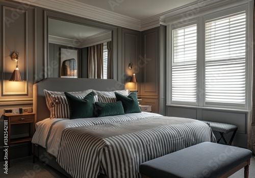 A well decorated bedroom with a large bed and window