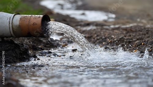 Water flowing from a pipe into a muddy ditch