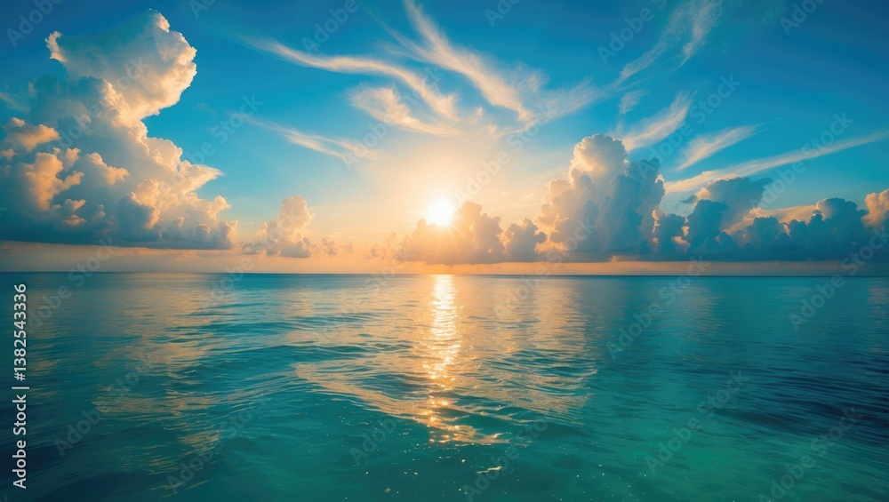 Rising sun at the horizon over a serene ocean or sea. On the azure sky, fluffy white clouds.